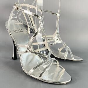STUART WEITZMAN 6 Metallic Silver Patent Leather Strappy Ankle Strap Sandals